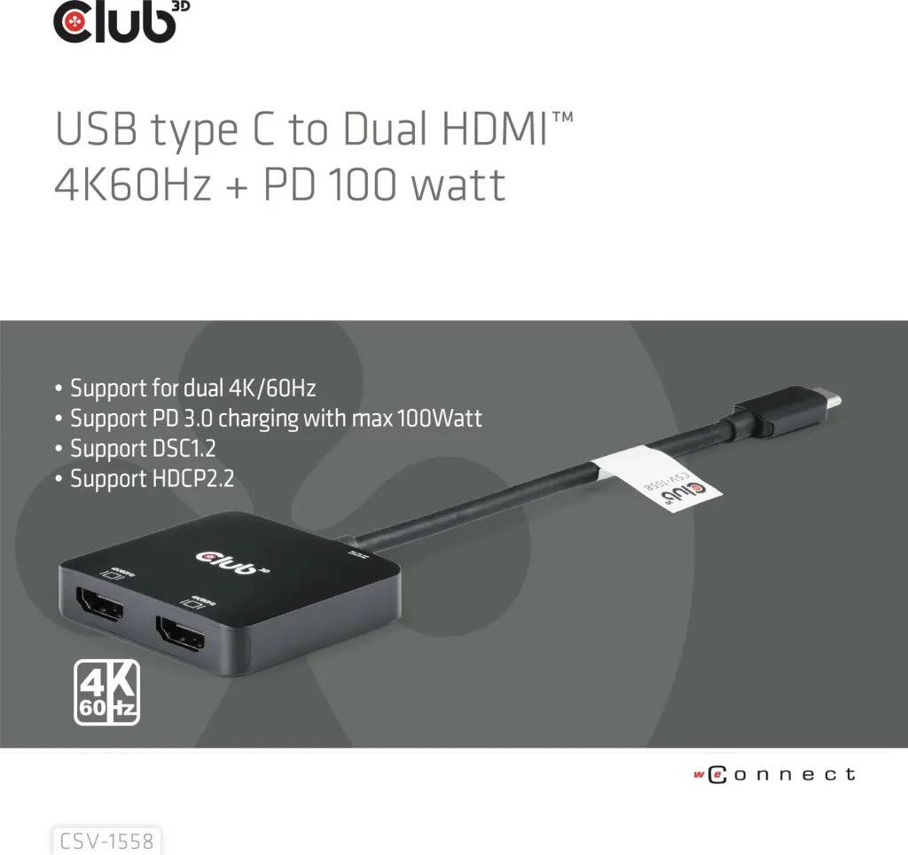 Adapter Club3D MST-Hub USB Type-C në 2x HDMI 4K60Hz + 100W PD, i zi - 2