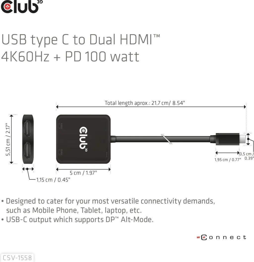 Adapter Club3D MST-Hub USB Type-C në 2x HDMI 4K60Hz + 100W PD, i zi - 3
