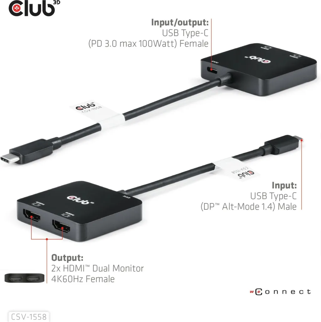 Adapter Club3D MST-Hub USB Type-C në 2x HDMI 4K60Hz + 100W PD, i zi - 5