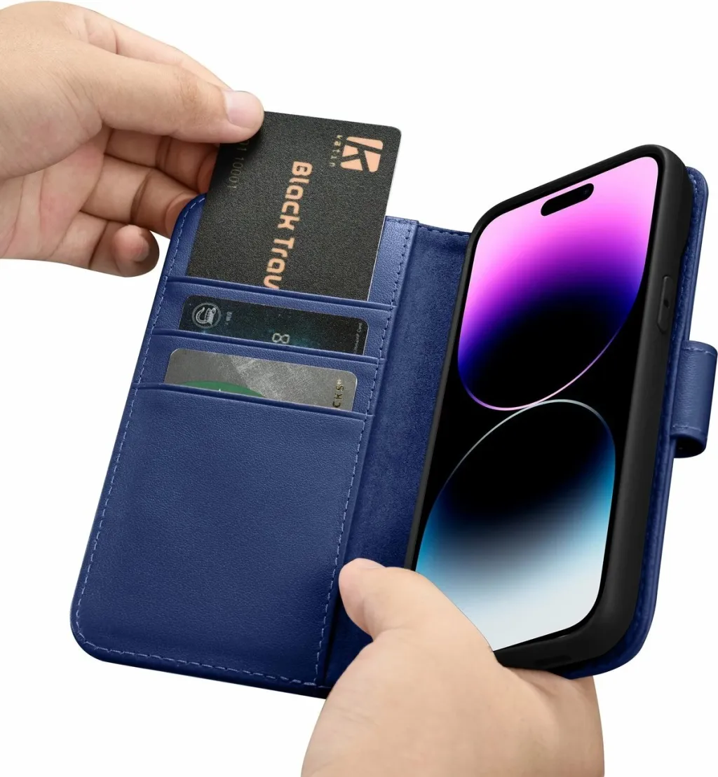 Mbështjellës iCarer Wallet Case 2in1 për iPhone 14 Pro Max, lëkurë, Anti-RFID, Kaltër - 11