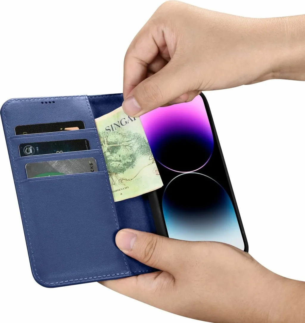 Mbështjellës iCarer Wallet Case 2in1 për iPhone 14 Pro Max, lëkurë, Anti-RFID, Kaltër - 12