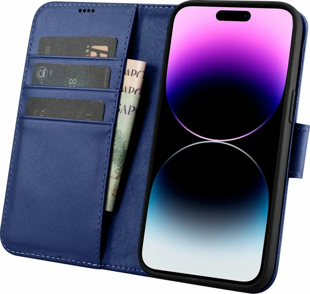 Mbështjellës iCarer Wallet Case 2in1 për iPhone 14 Pro Max, lëkurë, Anti-RFID, Kaltër - 3
