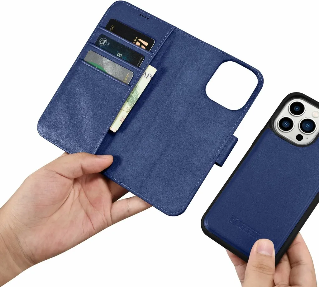 Mbështjellës iCarer Wallet Case 2in1 për iPhone 14 Pro Max, lëkurë, Anti-RFID, Kaltër - 9