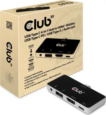 HUB USB-C Club3D 4in1, HDMI 4K60Hz, USB-A, USB-C, audio, i zi/krom