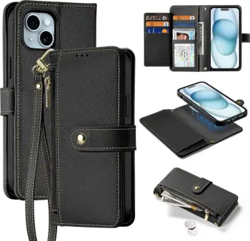 Mbështjellës Dux Ducis Lawa për iPhone 15, lëkurë, me portofol magnetik, e zezë