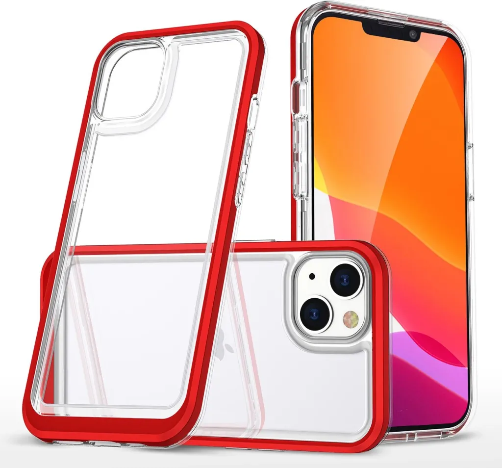 Mbështjellës Hurtel Clear 3in1 për iPhone 14, kornizë e kuqe, transparent - 1