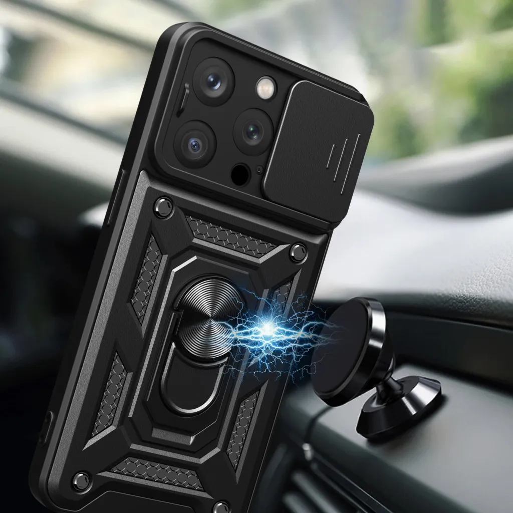 Mbështjellës Hurtel Armor Camshield me stand dhe mbulesë kamere për iPhone 15 Pro Max, i zi - 2