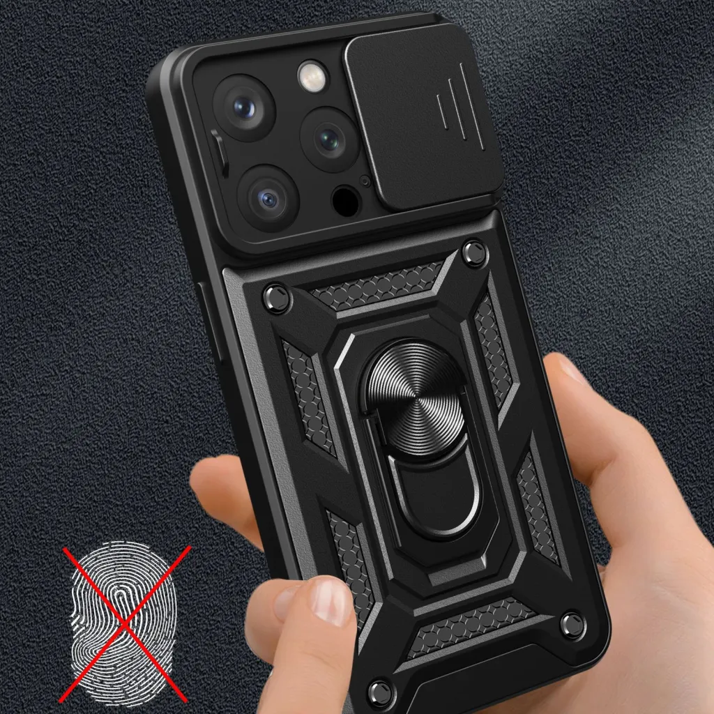 Mbështjellës Hurtel Armor Camshield me stand dhe mbulesë kamere për iPhone 15 Pro Max, i zi - 3