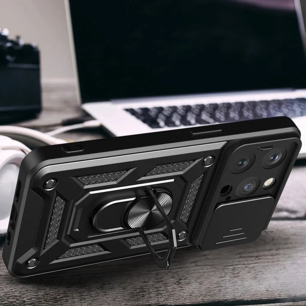 Mbështjellës Hurtel Armor Camshield me stand dhe mbulesë kamere për iPhone 15 Pro Max, i zi - 4