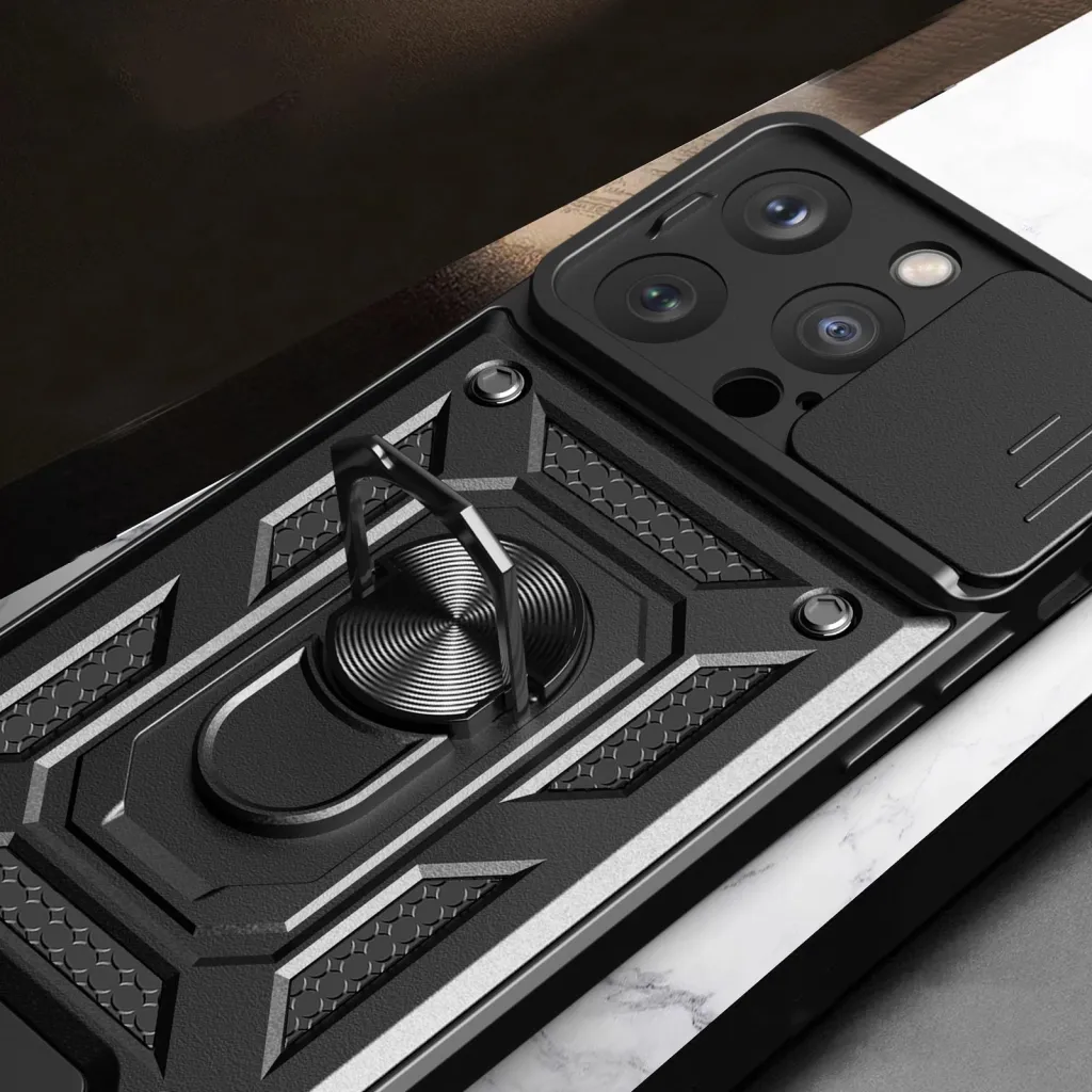 Mbështjellës Hurtel Armor Camshield me stand dhe mbulesë kamere për iPhone 15 Pro Max, i zi - 5