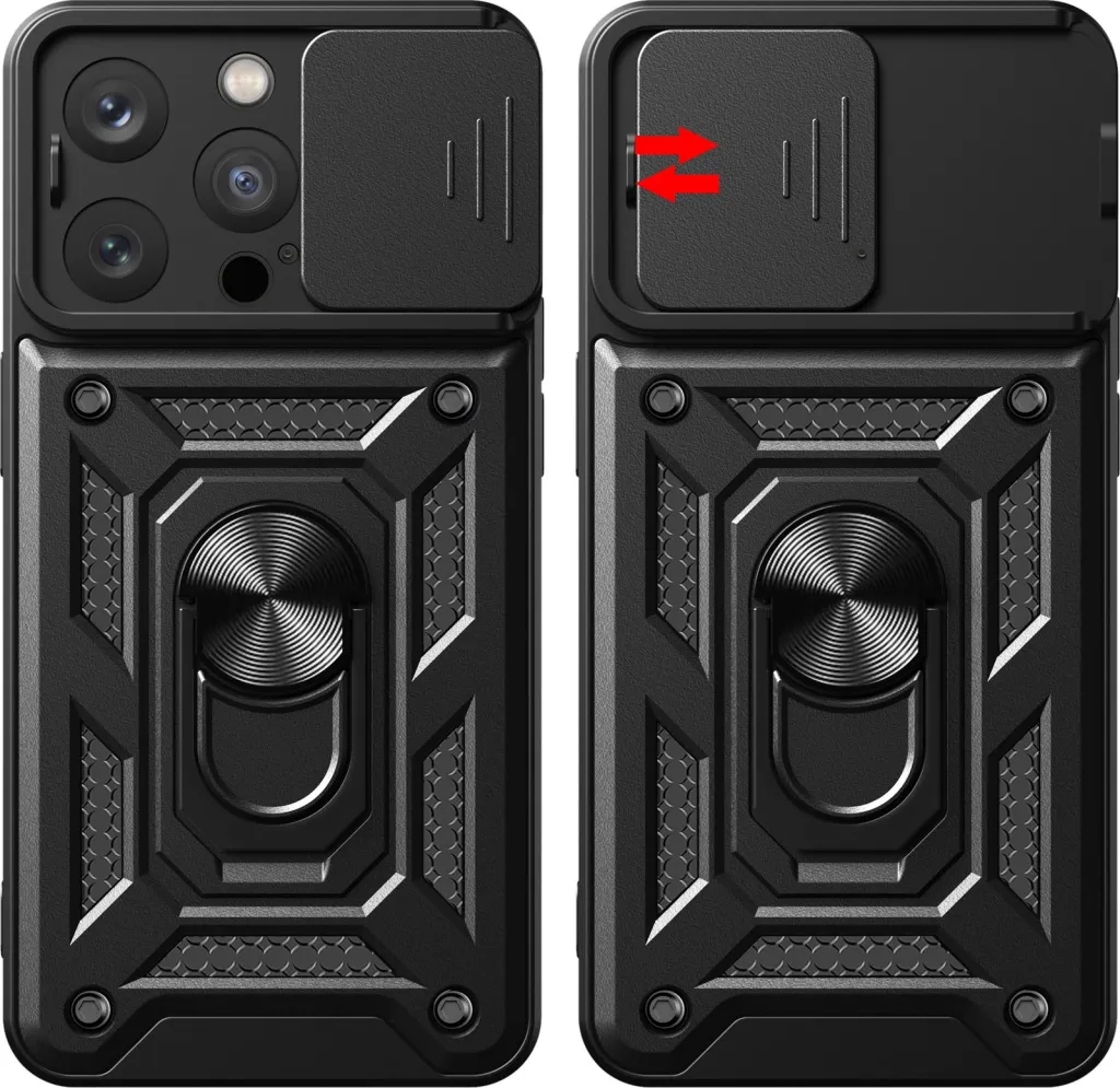 Mbështjellës Hurtel Armor Camshield me stand dhe mbulesë kamere për iPhone 15 Pro Max, i zi - 6