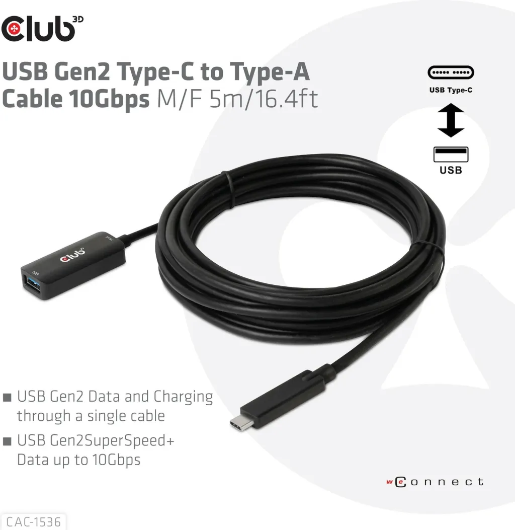 Kabllo USB Club3D USB 3.2 Type-C në Type-A 5m e zezë - 4