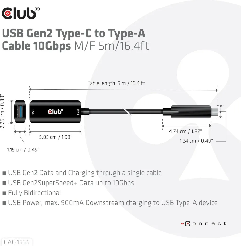 Kabllo USB Club3D USB 3.2 Type-C në Type-A 5m e zezë - 5