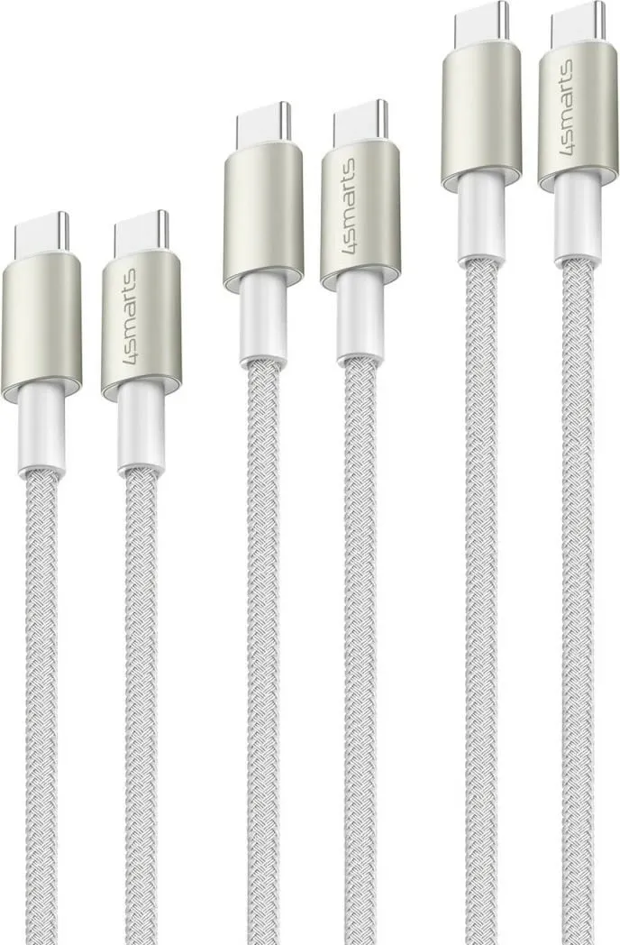 Kabllo USB-C 4smarts PremiumCord 3m, set 3 copë, 60W, najlon, e bardhë - 1