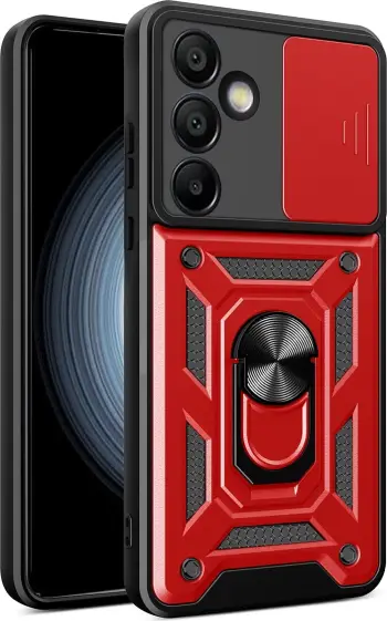 Mbështjellës Hurtel Hybrid Armor Camshield me qëndrim dhe mbulesë kamere për Samsung Galaxy A36, Kuq