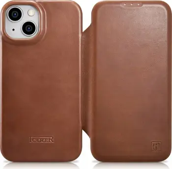Mbështjellës iCarer Oil Wax Premium Leather Folio për iPhone 14 Plus, MagSafe, kafe