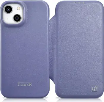 Mbështjellës lëkure iCarer CE Premium Folio për iPhone 14 Plus, MagSafe, Vjollcë e lehtë