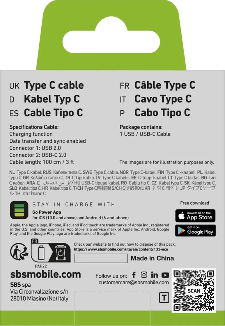 Kabllo USB-A në USB-C SBS TECABLETYC1KPOS, 1 m, e zezë - 2