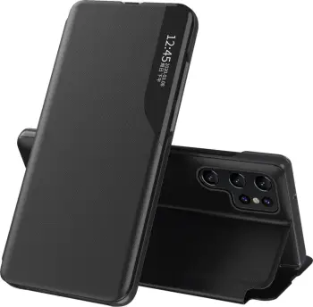 Mbështjellës Hurtel Eco Leather View Case për Samsung Galaxy S25 Ultra, me kapak dhe mbajtëse, i zi