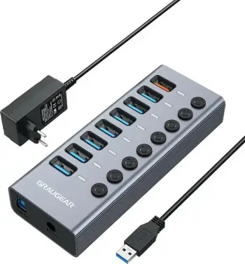 USB hub GrauGear 7 porte USB 3.0 + 1 port karikim i shpejtë, alumini