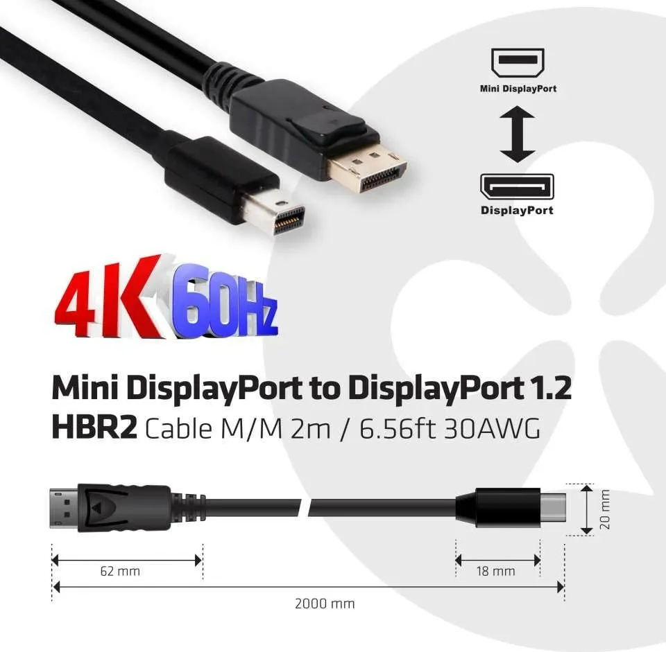 Kabllo Club3D Mini DisplayPort në DisplayPort 2m, 4K, e zezë - 3