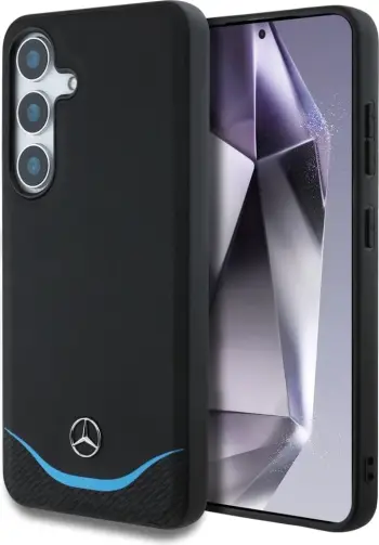 Mbështjellës Mercedes Leather Contrasted Blue Horizontal Curve MagSafe për Samsung Galaxy S25, i zi