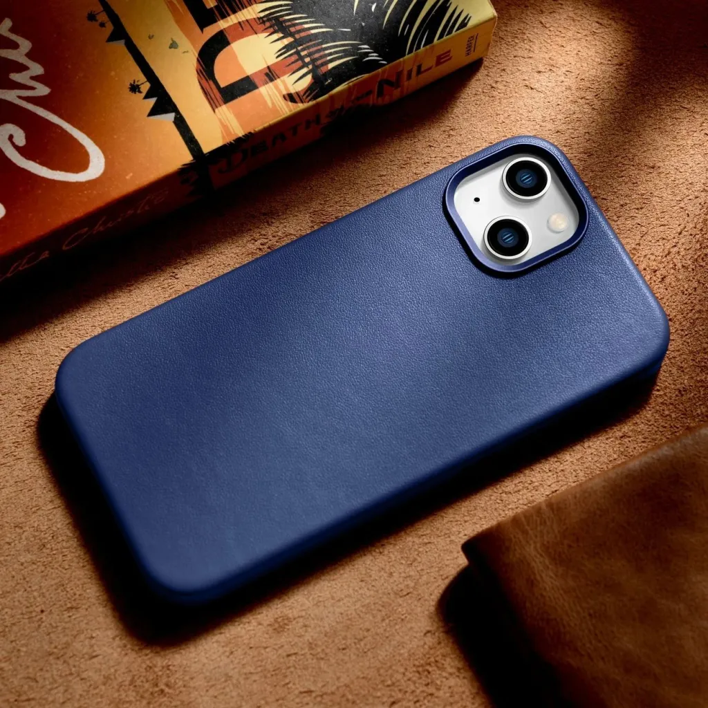 Mbështjellës iCarer për iPhone 14, lëkurë natyrale, MagSafe, kaltër - 12