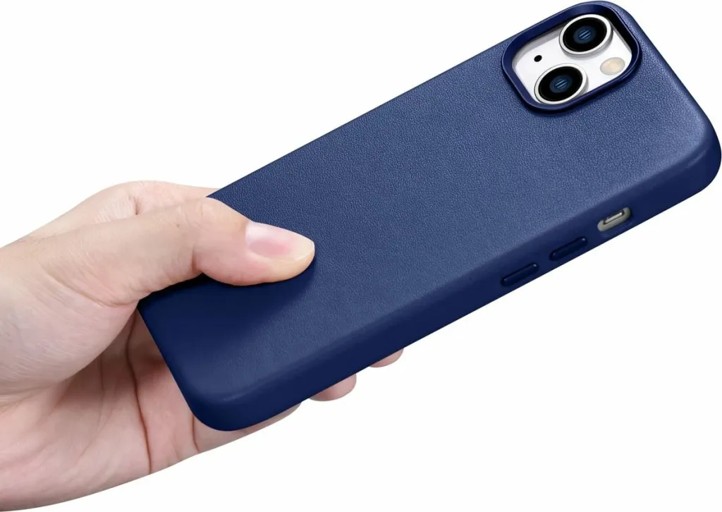 Mbështjellës iCarer për iPhone 14, lëkurë natyrale, MagSafe, kaltër - 16