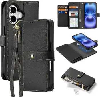 Mbështjellës Dux Ducis Lawa për iPhone 16, me portofol magnetik, lëkurë, e zezë