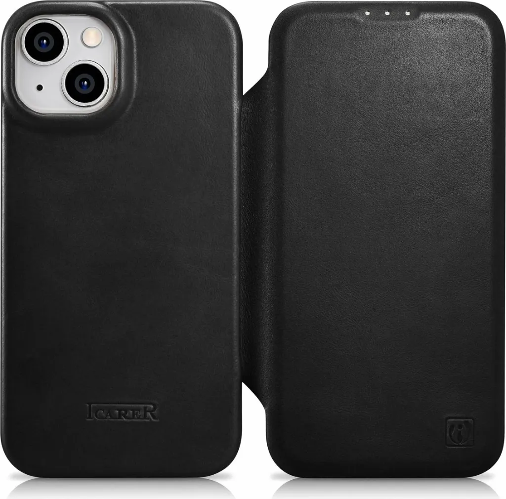 Mbështjellës iCarer Oil Wax Premium Leather Folio për iPhone 14 Plus, MagSafe, i zi - 1