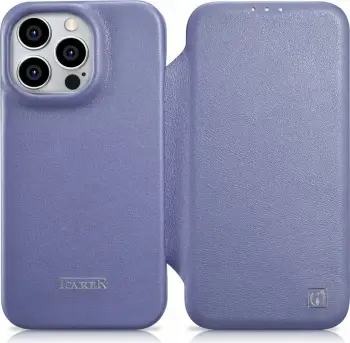Mbështjellës iCarer CE Premium lëkurë folio për iPhone 14 Pro, MagSafe, vjollcë e lehtë