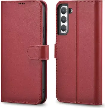 Mbështjellës lëkure iCarer Haitang për Samsung Galaxy S22+, me portofol dhe qëndrim, Kuq