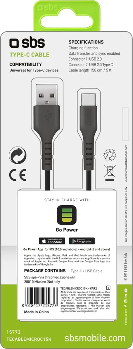 Kabllo USB-A në USB-C SBS TECABLEMICROC15K 1.5m, e zezë - 2