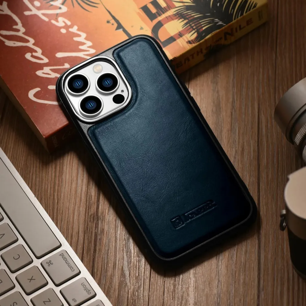 Mbështjellës iCarer për iPhone 14 Pro, lëkurë natyrale, Blu - 11