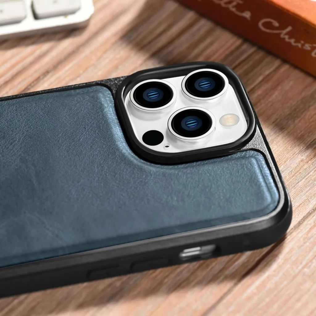 Mbështjellës iCarer për iPhone 14 Pro, lëkurë natyrale, Blu - 13