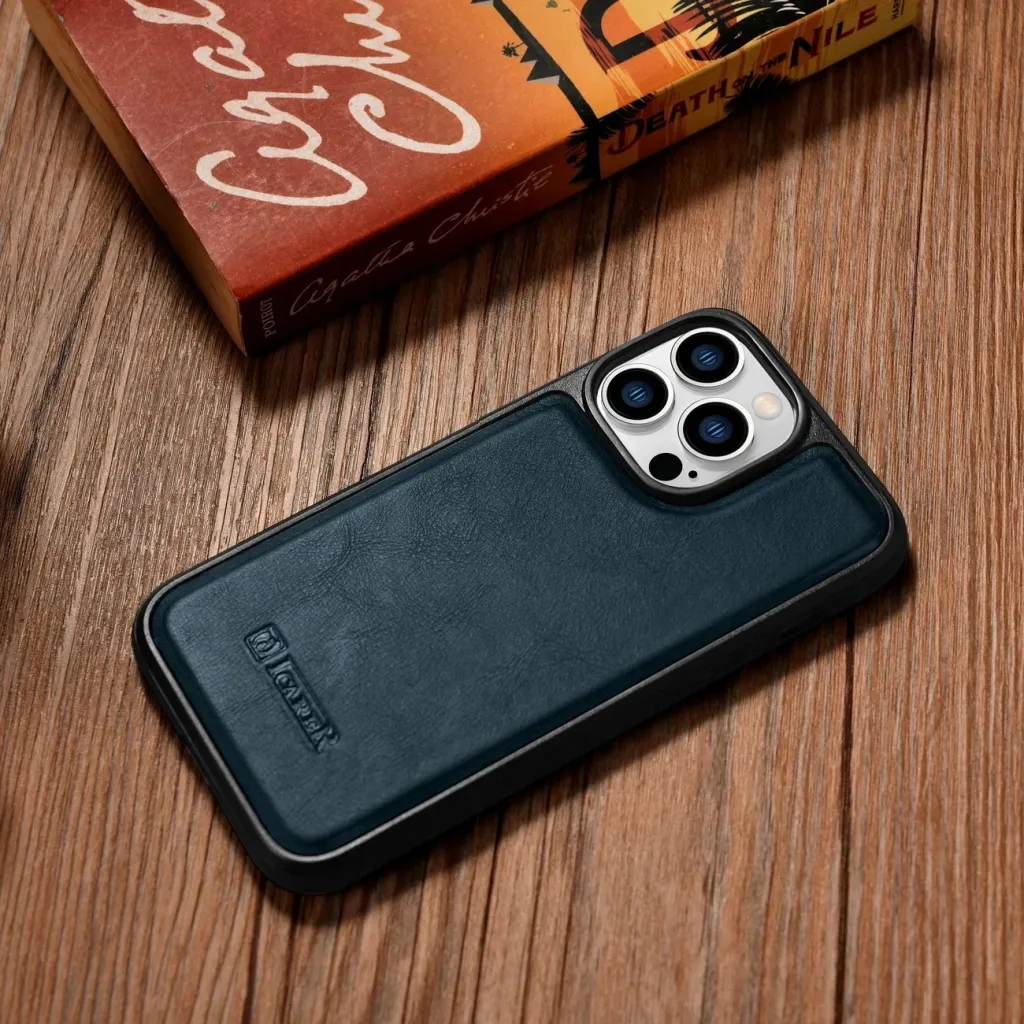 Mbështjellës iCarer për iPhone 14 Pro, lëkurë natyrale, Blu - 10