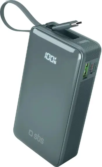 Powerbank SBS 10000 mAh 20W me kabllo USB-C të integruar dhe ekran LCD, Gri
