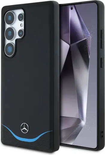 Mbështjellës Mercedes Leather Contrasted Blue Horizontal Curve MagSafe për Samsung Galaxy S25 Ultra, i zi