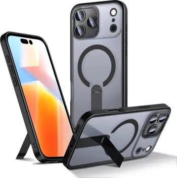 Mbështjellës Hurtel Hybrid Armor X për iPhone 17 Pro, me MagSafe, me këmbë mbështetëse, i zi