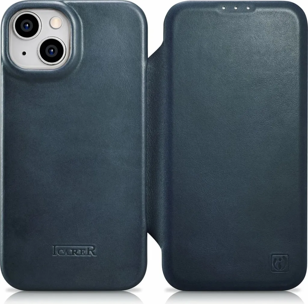 Mbështjellës iCarer Oil Wax Premium Leather Folio për iPhone 14 Plus, MagSafe, kaltër - 1