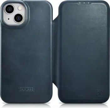 Mbështjellës iCarer Oil Wax Premium Leather Folio për iPhone 14 Plus, MagSafe, kaltër