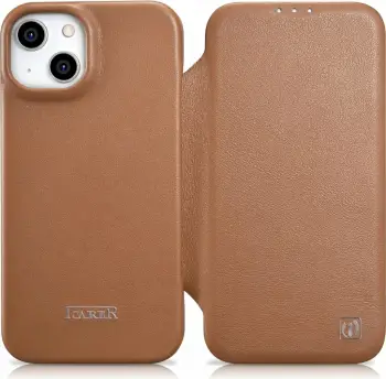 Mbështjellës lëkure iCarer CE Premium Folio për iPhone 14, MagSafe, kafe