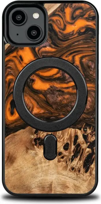 Mbështjellës Bewood Unique Orange për iPhone 15 Plus, dru dhe rrëshirë, MagSafe, portokalli dhe zi