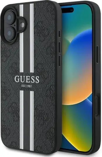 Mbështjellës Guess 4G Printed Stripes MagSafe për iPhone 16 Plus, i zi