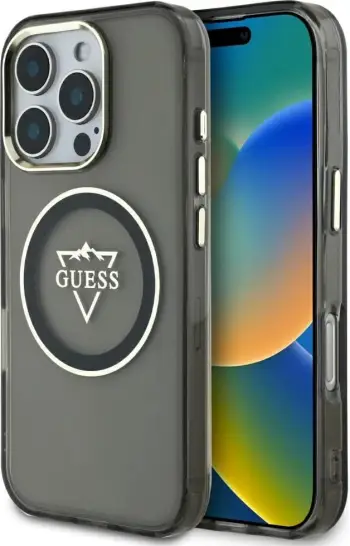 Mbështjellës Guess IML Metal Mountain Logo MagSafe për iPhone 16 Pro, i zi