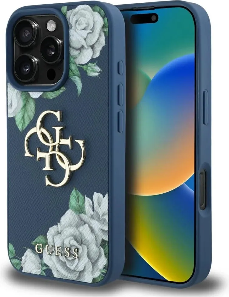 Mbështjellës Guess Grained Roses Big 4G logo për iPhone 16 Pro, Blu - 1