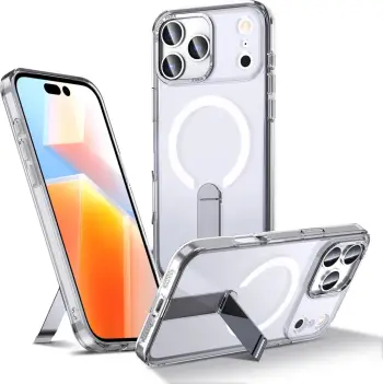 Mbështjellës Hurtel Hybrid Armor X për iPhone 17 Pro, me këmbë mbështetëse, MagSafe, Transparent