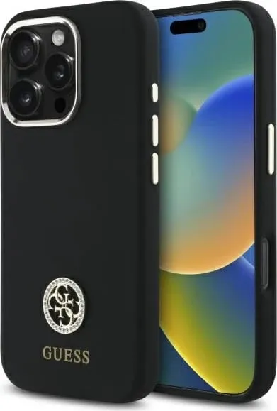 Mbështjellës Guess Silicone Logo Strass 4G për iPhone 16 Pro, i zi - 1