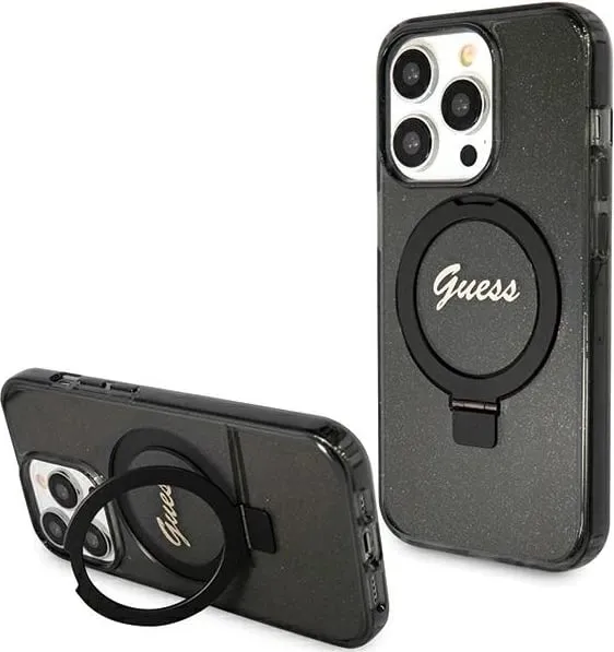 Mbështjellës Guess Ring Stand Script Glitter MagSafe për iPhone 15 Pro, i zi - 1