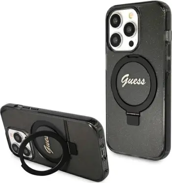 Mbështjellës Guess Ring Stand Script Glitter MagSafe për iPhone 15 Pro, i zi